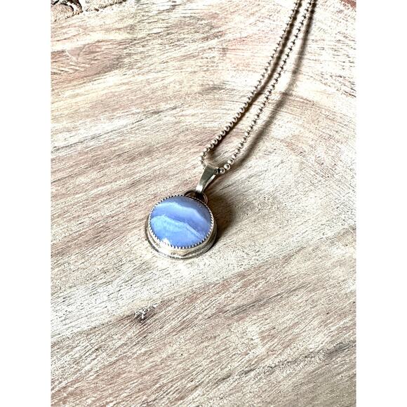 Handmade Jewelry - Blue Lace Agate Sterling Silver Pendant Necklace - 18" Ball Chain